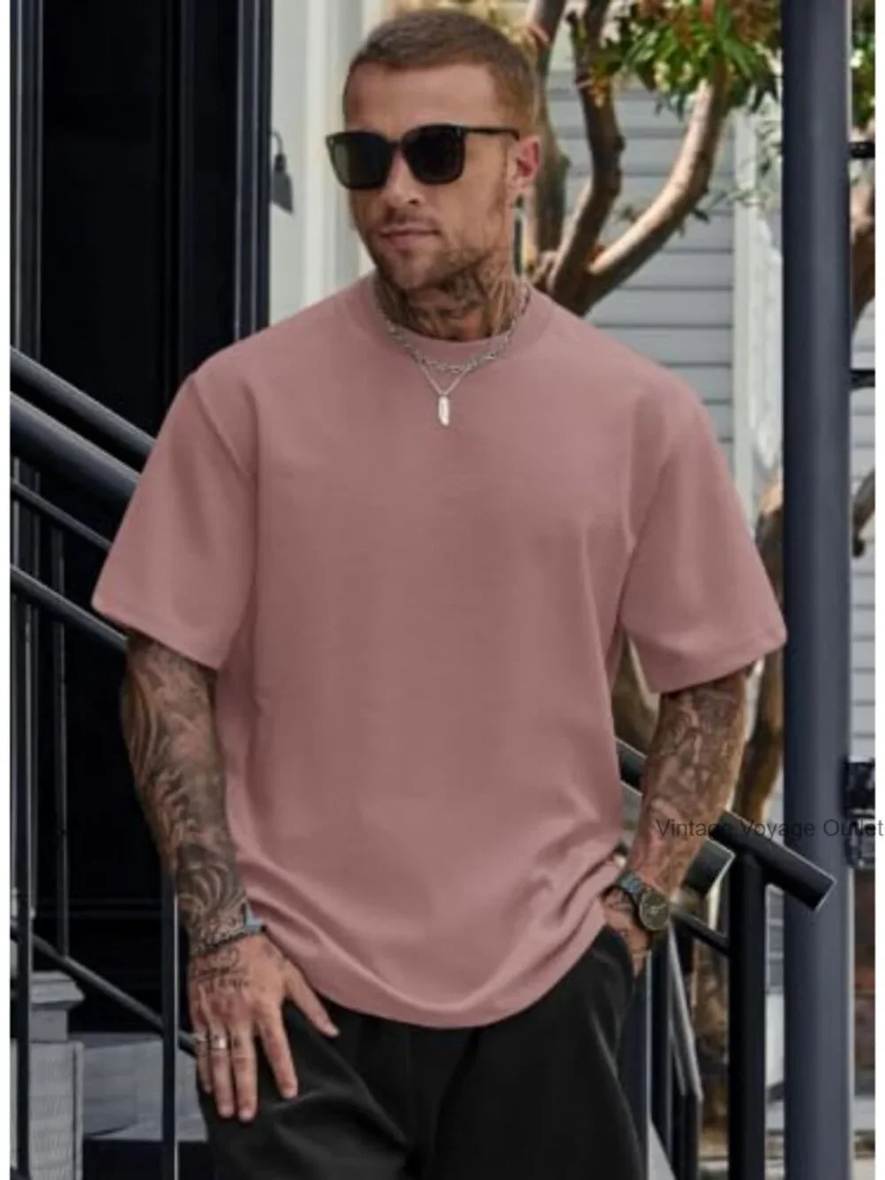 Men's Oversized Heavyweight Cotton Blend Tee Stretch Drop Shoulder Tee Shirt